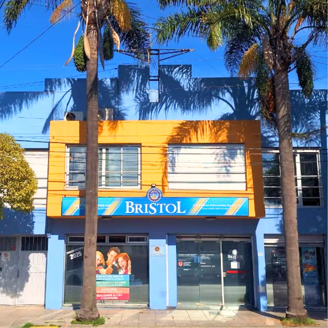 El frente del Instituto Superior Bristol, en Mar del Plata, entre palmeras